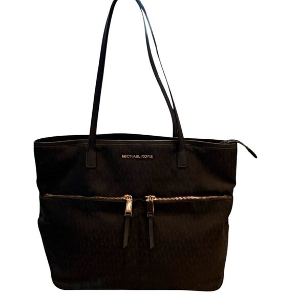 Michael Kors Women's Kempton Logo Black Large Nylon Leather Goldtone Trim Tote - Picture 1 of 9